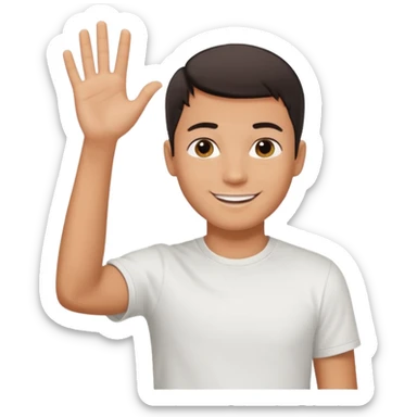 joven bronceado pelo oscuro muy cortito polera blanca sonrisa bonita saludando mano arriba sticker