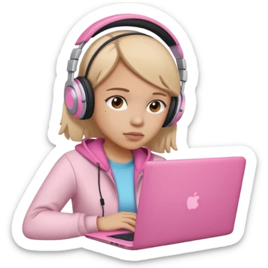 a girl with a pink laptop with headphones, color outline icon style, looking sad sticker