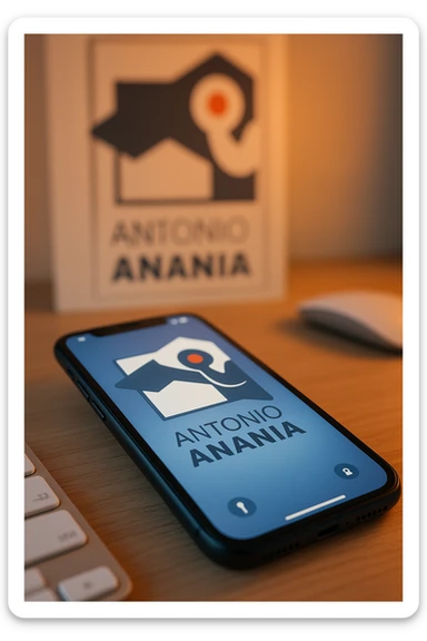 A photo of an iPhone on the desk with the logo of "Antonio Anania" on its screen, The phone sits atop a desk with a blurred with the logo in the background that suggests work environment. A faint glow from above casts gentle shadows across the surface of each object, creating depth and highlighting their textures sticker