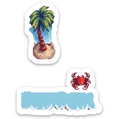 Add a small red crab on the sand near the palm tree in 16-bit pixel art style. Keep gentle waves, soft sand, and clear blue sky as in the original image. sticker