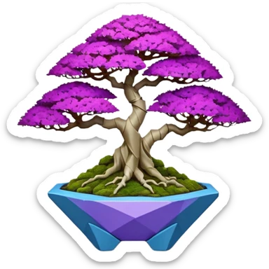 Futuristic wild glowing et alien moss maples Bonsai hair-fine-leaf group crimson crystal boxwood purple and cream pink blue informal rocky cliffhanger eight trees forest planting in shallow origami slab style pot with big feet  sticker