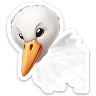  A big white stork carrying a bundle of cloth in its beak that has a cute white skinned baby face peeking out from it with black head sticker