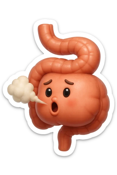 emoji stile iphone di un intestino che ingoia una nuvoletta di aria ben visibile e gli si gonfia la pancia, non fargli il naso, iperrealistico 4k sticker