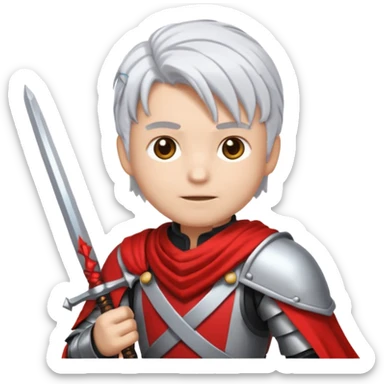 32x32 pixel art emoji, a white-haired boy holding dual swords, inspired by, heroic pose, silver-white hair, glowing red and silver swords, metallic armor details, vibrant colors, transparent background, high contrast, video game icon style. sticker