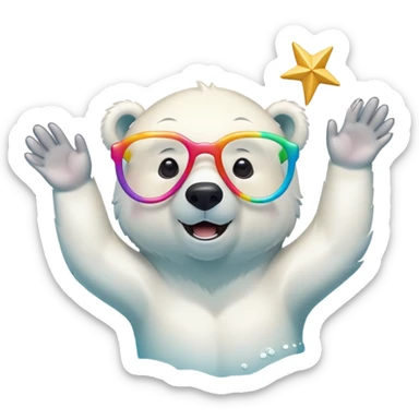 friendly anthropomorphised polar bear swimming in a crawl pose, wearing oversized colorful star glasses, excited expression, no festive outfit sticker