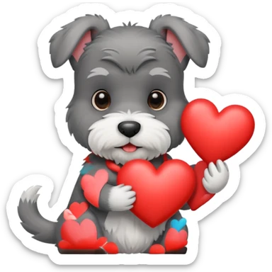 Schnauzer holding a heart sticker