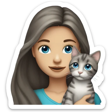 long haired brunette blue eyed girl holding grey tabby cat sticker