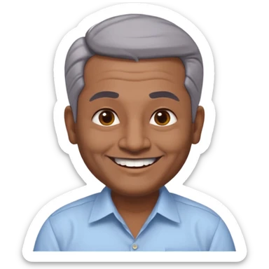 50 yr old indian man, dark skin, grey hair, big smile, white teeth, chubby, no moustache, clean shaven, young style hair, hair brushed back, 5 oclock shadow, bindy, dress shirt, forehead dot, chubby sticker