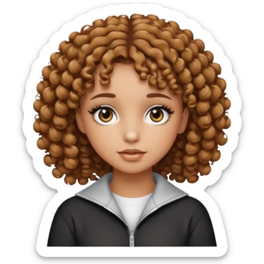 a light tanned girl with curly short length brown hair, black eyes, with y2k light color palette makeup and y2k outfit sticker
