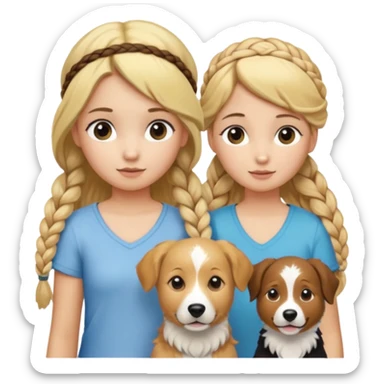 a group of 5 girls two blonde hair tied down one with a golden retriever next to her 1 blonde hair and in a braid  and one brown hair with a head band and 1 blonde hair in a small braid with a border collie next to her sticker