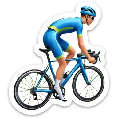 An icon featuring a sleek road bicycle with aerodynamic wheels on a winding mountain road. The background showcases a stunning landscape with rolling green hills, a bright blue sky, and distant peaks. Sunlight casts dynamic shadows, emphasizing motion and speed. Transparent background. sticker