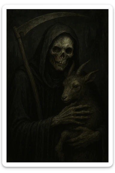 Grim reaper clutching a faun, face half skeletal, half decaying zombie, ominous and gothic style. sticker