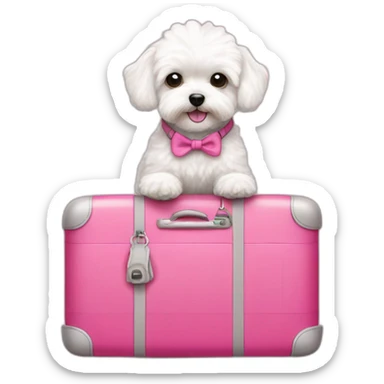 a white maltipoo with a pink luggage next to him sticker