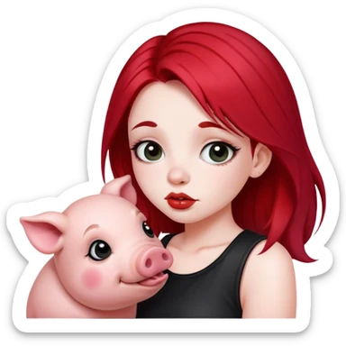 Girl with split dye black and red hair down the middle. She is kissing a cute pig  sticker