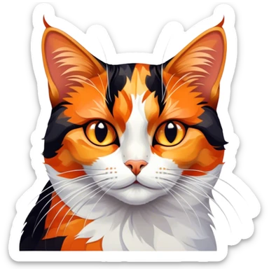 Cinematic Noble Calico Cat Portrait Emoji, Poised and regal, with a striking patchwork fur in vibrant orange, black, and white hues, delicate whiskers and a refined, focused gaze, simplified yet exquisitely detailed, glowing with a soft, moonlit radiance and an air of aristocratic elegance, high shine, exuding dignified intelligence and poised authority, soft glowing outline, capturing the essence of a watchful and noble calico cat that appears ready to grace the screen with effortless majesty! sticker