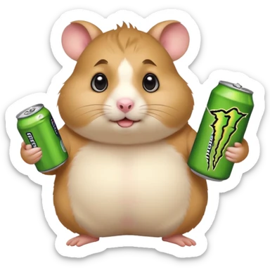 Funny cartoon-style fat hamster with big wide eyes  holding a can of monster energy in one hand and redbull in the other hand sticker
