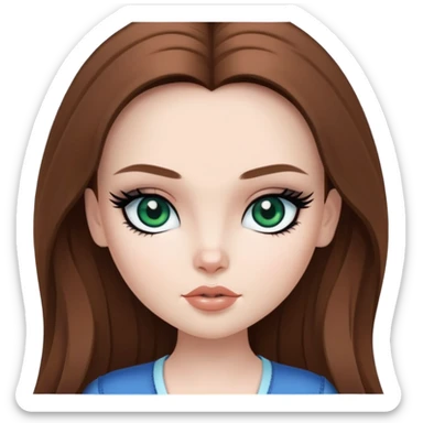 pretty bratz girl, long brown hair, dark green eyes, black eyeliner, pale skin, blue style sticker