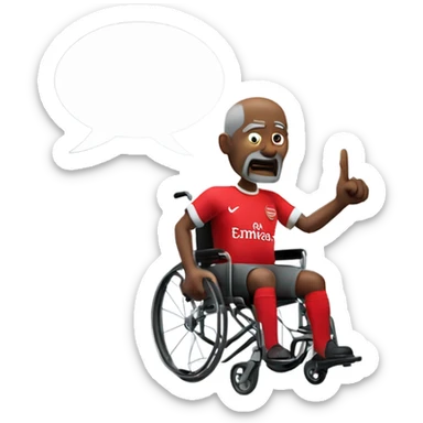 old black bald man with a round belly in wheelchair. angry face. grey stubble. he is pointing finger in front. wearing Arsenal soccer shirt. a speech bubble with the word: "Mojdeh!" sticker