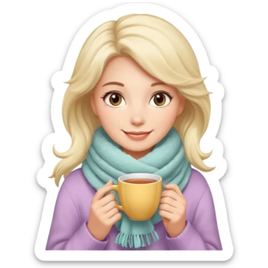 A warm-looking woman with a fluffy pastel scarf, smiling softly while holding a cup of tea. sticker