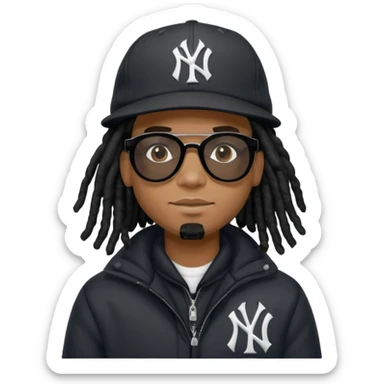 African American man with shoulder length black dreadlocks wearing black sunglasses with a New York Yankees baseball cap wearing a black bubble winter coat sticker