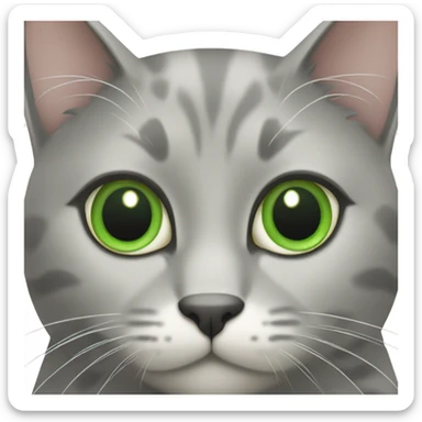 the face of a gray cat with a white spot on its chest and green eyes sticker