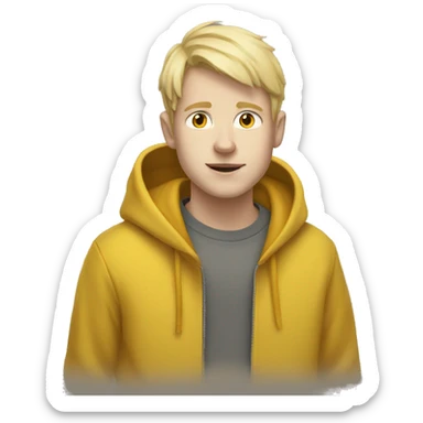 white blonde boy with mustard yellow hoodie and dog ears sticker