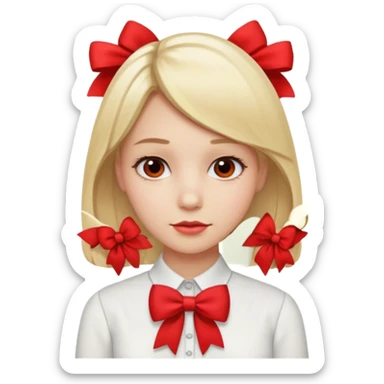 ["Fair skin female, straight blonde hair, small red bow clip."] sticker