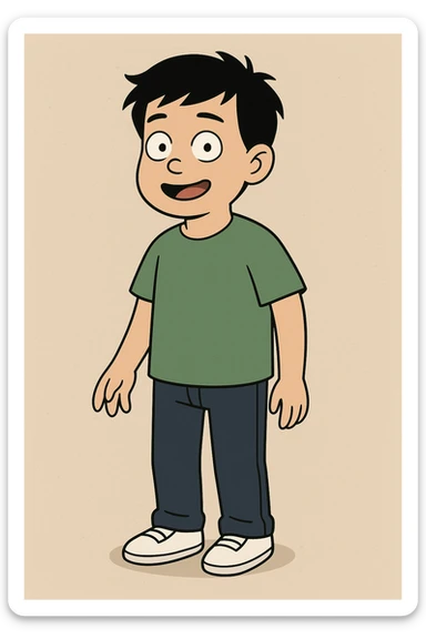 Chinese boy black hair green t-shirts dark blue jeans white shoes  sticker