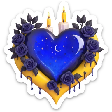 gothic heart made of midnight blue glass with a silver crescent moon, tiny black roses, shimmering stardust, dripping candle wax effect sticker