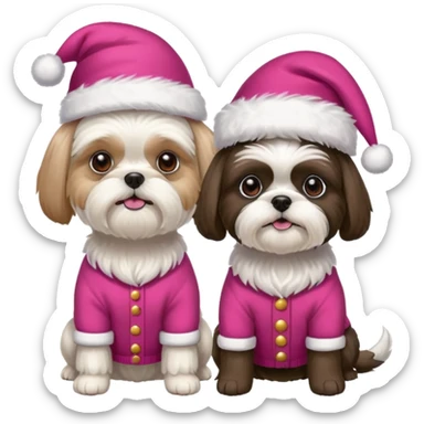 two dogs one little white all over shih tzu dog with pink santa hat and one bigger mostly white with black havanese dog wearing red christmas sweater and red christmas hat sticker