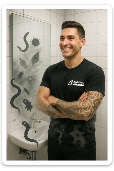 a man stands in a brightly lit bathroom, looking relieved and revitalized as he examines his reflection in the mirror. In the foreground, stylized, shadowy images of parasites (such as worms or protozoa) are shown leaving his body, dissolving into mist or fading away. His posture is upright and his expression is one of newfound energy and health. sticker