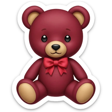 a burgundy teddy bear with a bow sticker