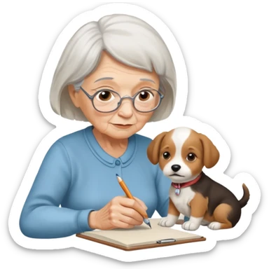 An elderly woman sketching her puppy face. sticker