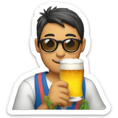 Japanese wearing roundglasses alohashirt is holding beer sticker