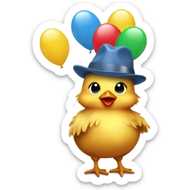 Baby chicken wearing hat holding balloon sticker