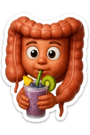 EMOJI STILE IPHONE DI un intestino umano anatomico che beve un frullato di mirtilli, ananas, kiwi, fagli anche la parte bianca degli occhi, non solo le pupille, REALISTICo 4K sticker