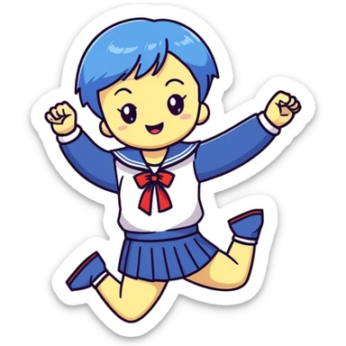 Energetic anime girl with short blue hair wearing Japanese sailor style school uniform, jumping excitedly with arms raised, very cheerful, kawaii style sticker