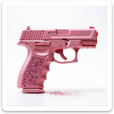 Add sparkling glitter details to the photorealistic pink heart pistol, keeping the glossy finish and white background. sticker