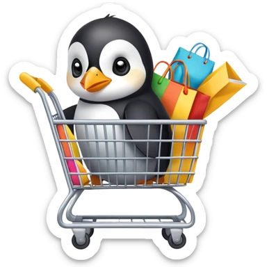 cute baby penguin sitting in a shopping cart filled with shopping items and colorful shopping bags sticker