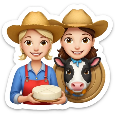 smiling female farmer with a cow next to her and mozzarella cheese, vibrant colors, simple background sticker