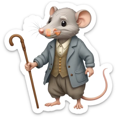 Old rat with wrinkles walking with old clothes and a cane  sticker