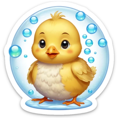 Hyperrealistic, soft furry colorful Baby chick surrounded by Hyperrealistic translucent opalescent bubbles, still life, isolated. 8k sticker
