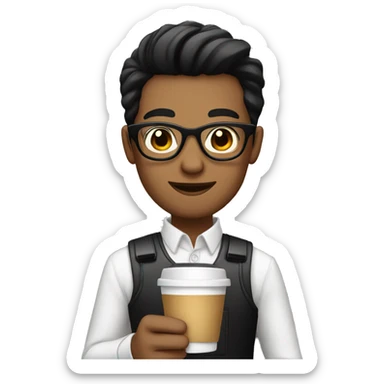 Barista with black hair, white skin, wearing glasses, and holding a coffe sticker
