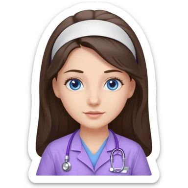 pretty brunette nurse with long hair and blue eyes in lilac scrubs sticker