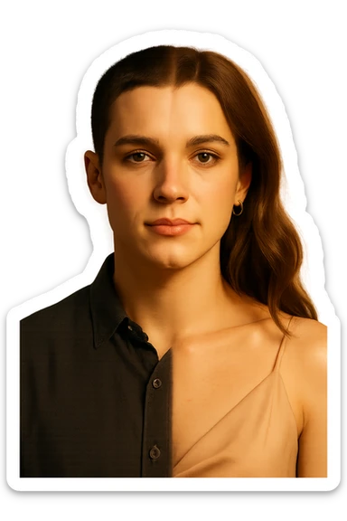 a split image—on the left, a man with short hair and masculine clothing; on the right, the same person with longer hair, makeup, and feminine attire. In the center, a gentle gradient blends the two sides, symbolizing the ongoing process of gender transition. The lighting is warm and the atmosphere is empowering. sticker
