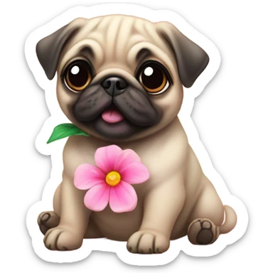 Baby pug playing with a flower pink eyes  sticker