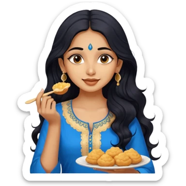 a pretty tan indian bratz girl with wavy long BLACK hair. eyeliner on, wearing a blue kurti, eating golgappa. NO SPOON sticker