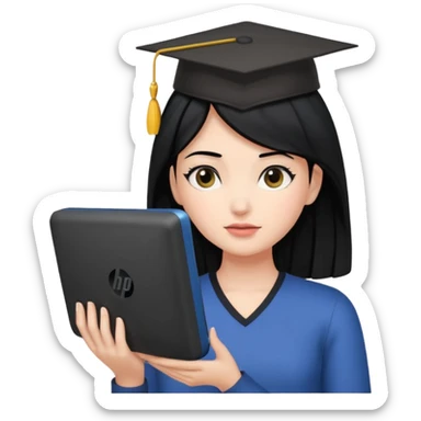 A girl is in front of an HP computer, holding it to her head, and her hair is black. sticker