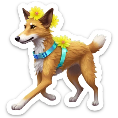  brindle fluffy lurcher fox running blue eyes fluffy ears and iridescent holographic oilslick harness wearing paper flower crown yellow caution tape neon sign sticker