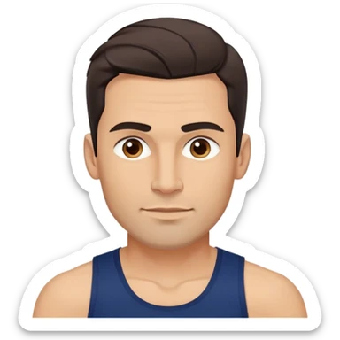 Youthful-looking athletic 40-year-old man with light brown skin, elongated face, defined jawline, attractive features, medium dark eyes, arched eyebrows, straight nose, confident expression, medium wavy dark hair with modern style, wearing a navy blue tank top sticker